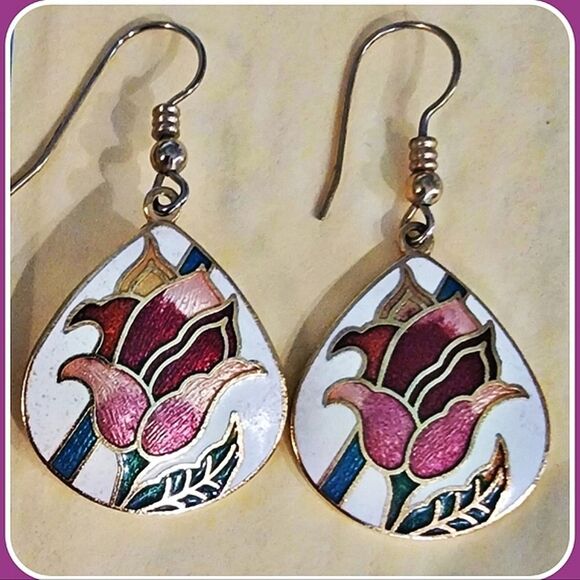 #Vintage 1984 Signed 'SG' #Cloisonne Dangle Earrings Tulip Floral 1.75" long. - Picture 2 of 5